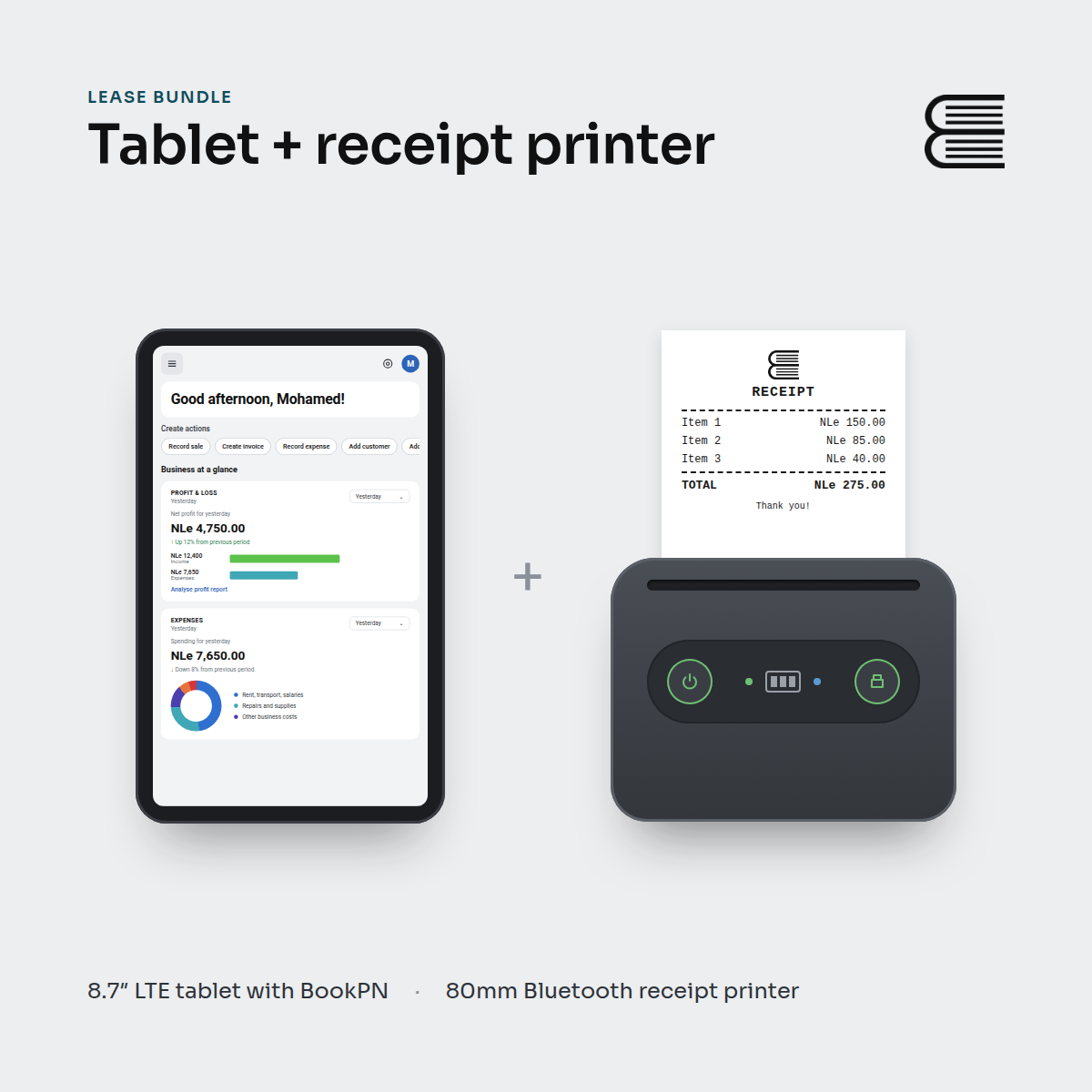 BookPN Android tablet and receipt printer package